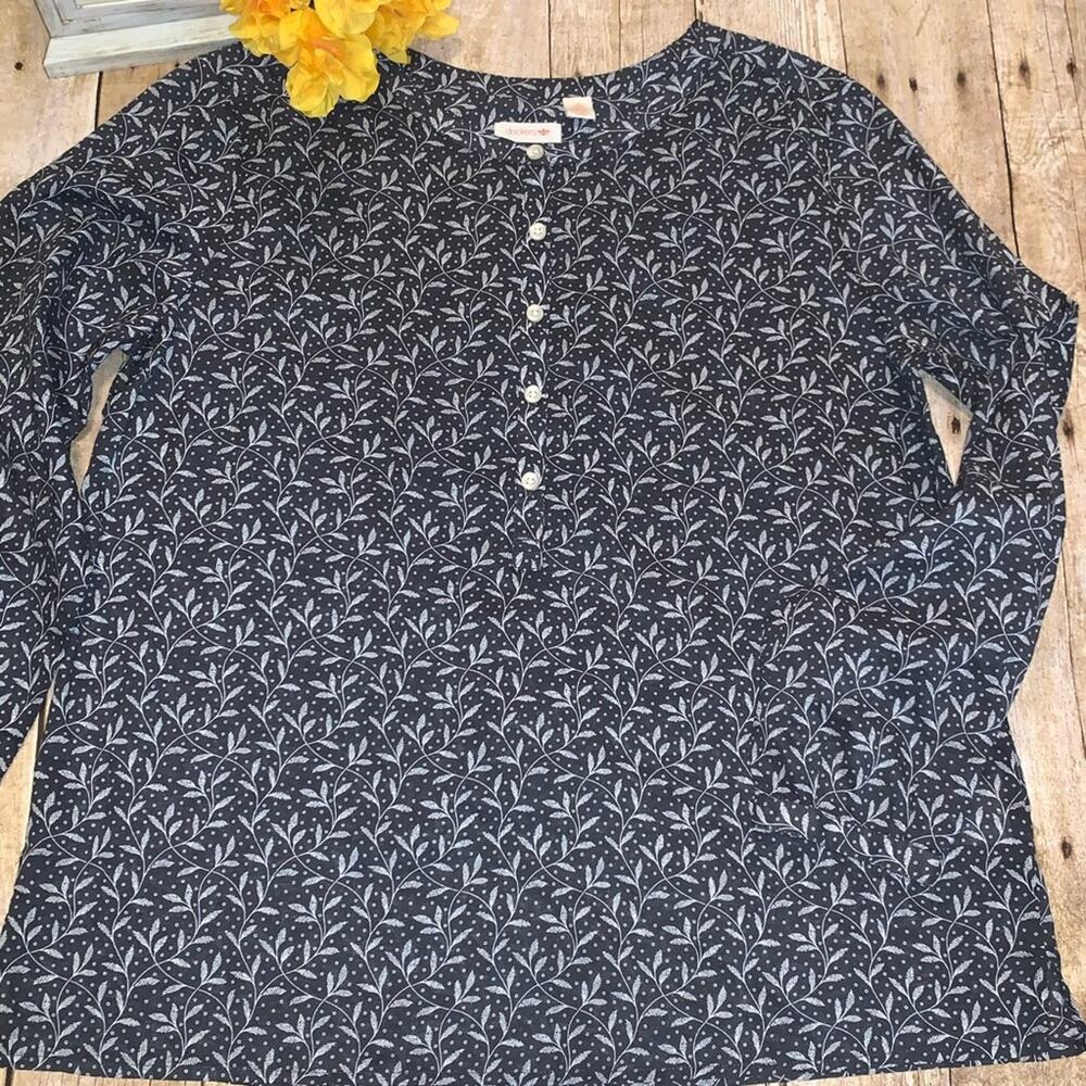 Dockers Floral Navy Printed Blouse Top - 100% Cotton Lightweight Minimalist LG